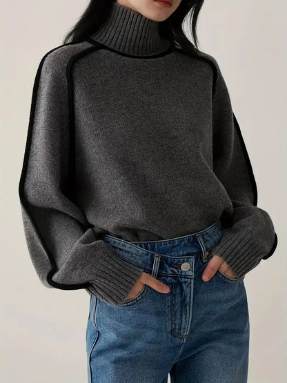 Wool Blend Turtleneck Sweater | Contrast Trim | Relaxed Fit