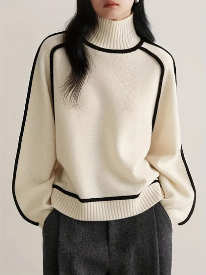Wool Blend Turtleneck Sweater | Contrast Trim | Relaxed Fit