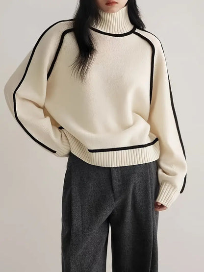 Wool Blend Turtleneck Sweater | Contrast Trim | Relaxed Fit